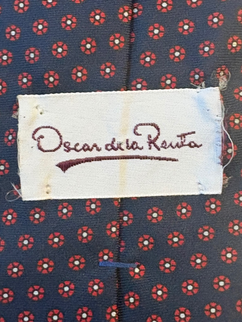 Vintage Oscar de la Renta Silk Medallion Tie Navy Red 1970s 1980s
